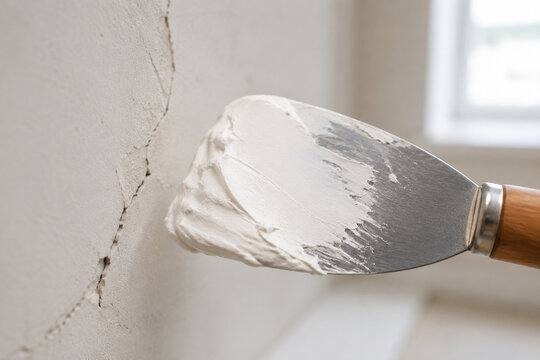 A putty knife with wet spackle against a cracked wall, soft light on texture.