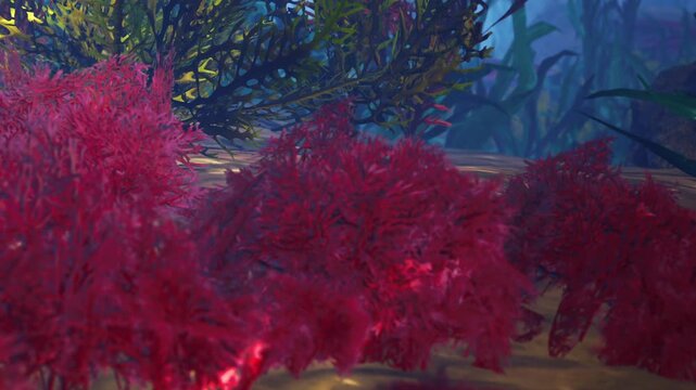 The scene captures a vibrant underwater landscape filled with red coral and green sea plants. Sunlight filters through the water, illuminating the diverse marine life and habitat.