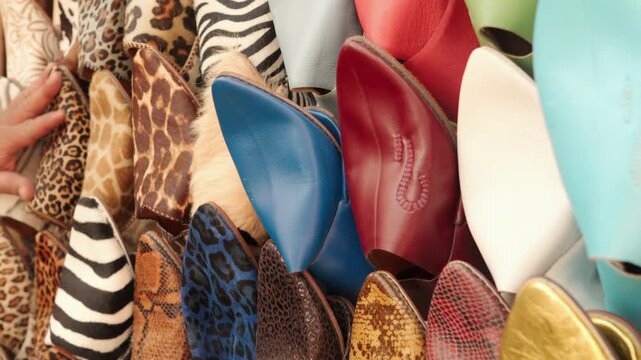 Colorful Moroccan Slippers (Babouche) Displayed in Market Stall With Patterned Leather Shoes