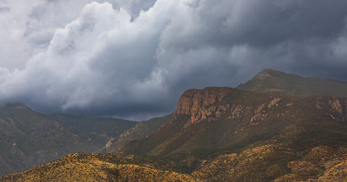 Rain mist falling on Arizona's Huachuca Mountains