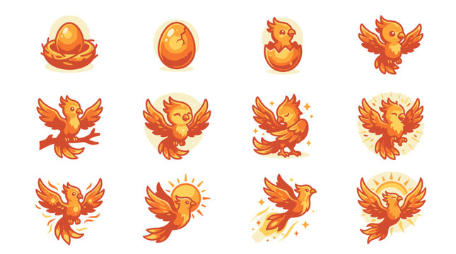 Cute phoenix bird growth and hatching icon collection.