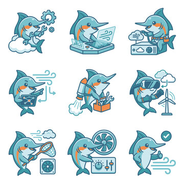 Cute shark engineering and technical character sticker set.