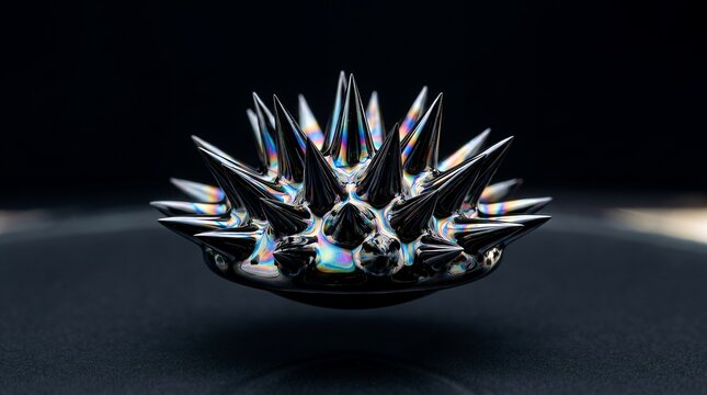 Abstract metallic ferrofluid spikes in dark reflective environment.