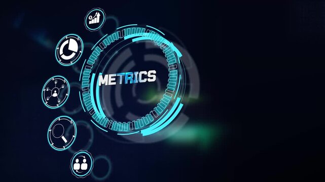 Futuristic abstract key business metrics visualization showing interactive technology circle interface with research icons