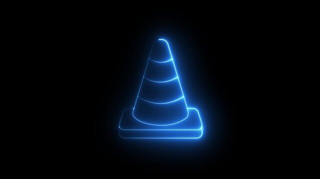 glowing neon traffic cone icon isolated on black background. symbolizing road safety and construction. 4k video animation.