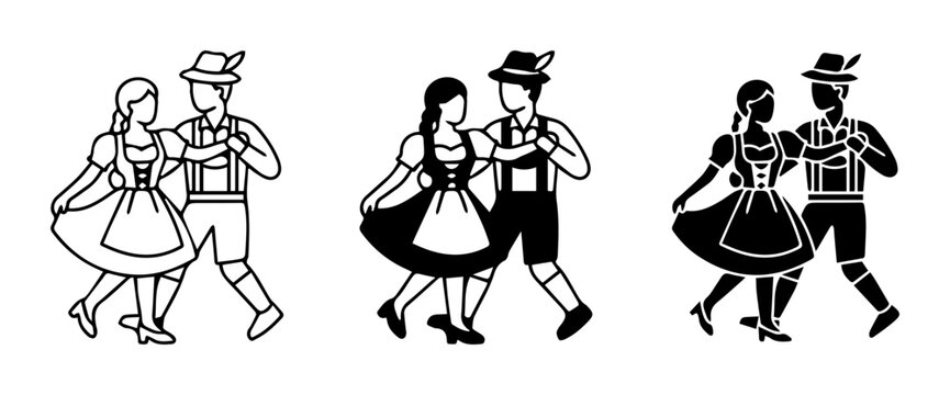 Bavarian Couple Dancing Icons, Oktoberfest Celebration, Traditional German Folk Costume Vector Set