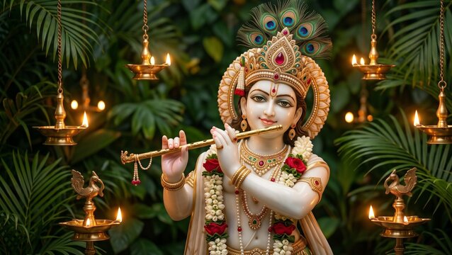 Close up shot of Lord Krishna with golden crown and peacock feather playing flute