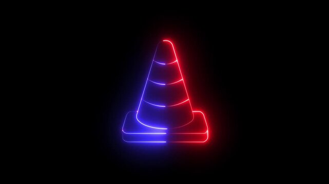 glowing neon traffic cone icon isolated on black background. symbolizing road safety and construction. 4k video animation.