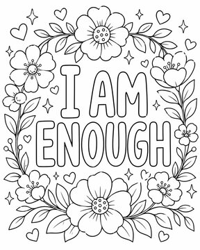 Uplifting coloring page showcasing the affirmation i am enough adorned with beautiful floral patterns