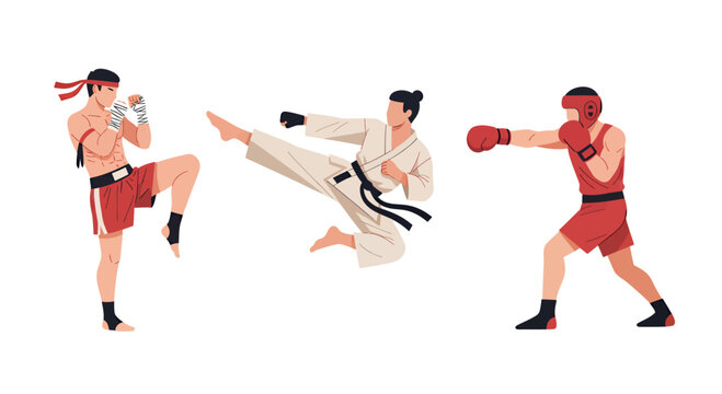 Three martial arts sports vector illustration muay thai, boxing, and taekwondo