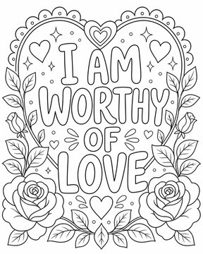 Uplifting adult coloring page showcasing a positive message about self love and mindfulness for relaxation and creativity