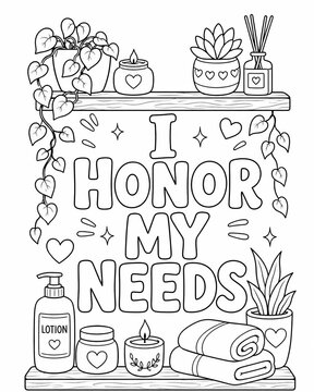 Mindful coloring page featuring positive affirmation on self care and wellness with decorative elements