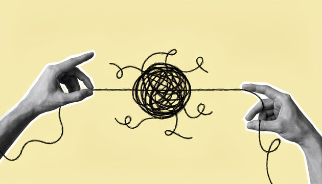 Hands Pulling Tangled Yarn Ball Conceptual Problem Solving