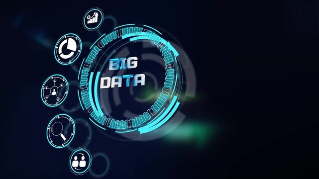 Visualizing large scale corporate big data processing on dark cyan digital hud display displaying interactive graphics