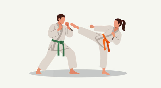 The woman is practicing taekwondo with her coach, vector illustration design