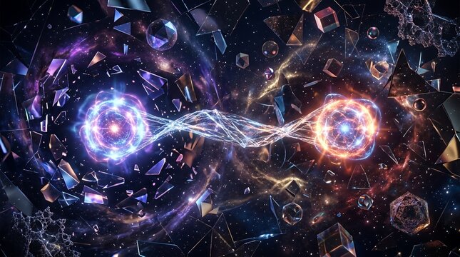 Artistic visualization of quantum entanglement and subatomic particles.