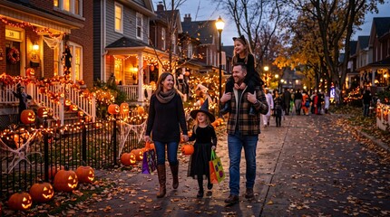 Obraz premium Family trick or treating together on decorated neighborhood street
