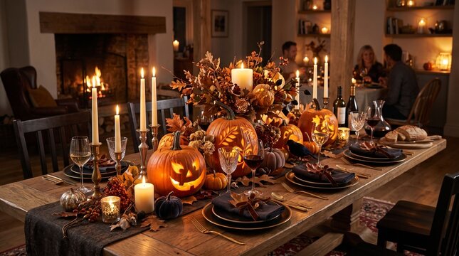 Elegant halloween dining table decorated with carved jack o lanterns