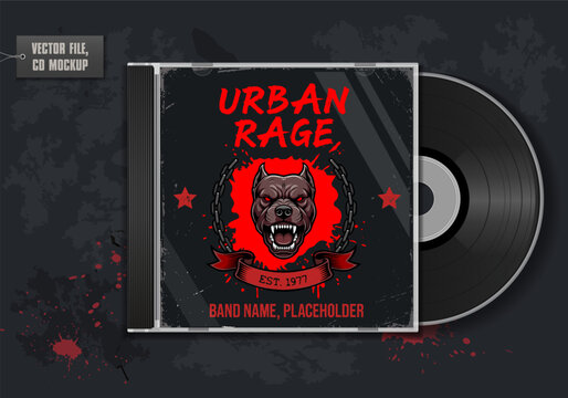 Urban Rage. Grunge CD jewel case album cover mockup featuring an aggressive pitbull dog with red splatters, chains, and typography. Perfect for rock or hip hop music band release. Vector illustration