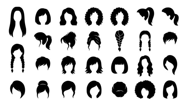 Diverse women hairstyles and female haircuts silhouette vector collection featuring long wavy tresses, short bobs, ponytails, braids, afro textures, and beauty salon fashion styling icons