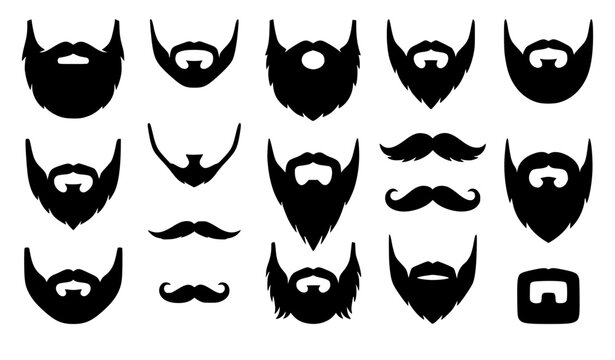 Men facial hair and beard styles icon set featuring full beard silhouettes, curly mustaches, retro chin goatees, hipster grooming shapes, and barbershop template layout vectors