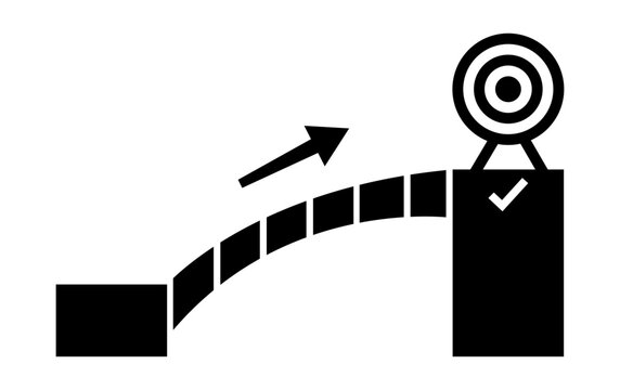 Minimalist graphic showing a curved path leading to a target with a successful checkmark completion icon