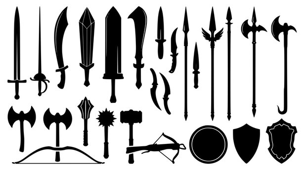 Fantasy medieval weapons and armor vector silhouettes collection including massive broadswords, daggers, spears, halberds, battle axes, war hammers, archery bows, and defensive shields