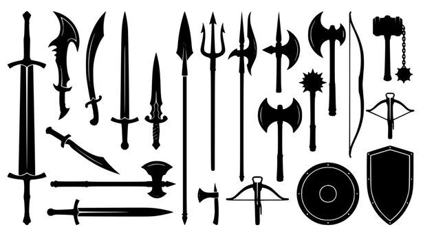 Ancient medieval warrior weapon silhouette bundle featuring fantasy swords, daggers, spears, halberds, battle axes, hammers, bows, crossbows, shields, and historical combat gear