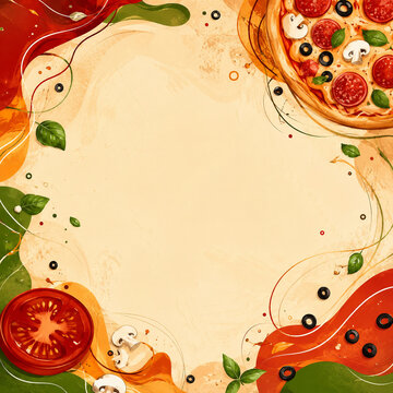 Bright pizza menu background with tomato slices, basil, mushrooms, olives and decorative flowing brush strokes around a large empty center, ideal for restaurant menus, Italian food posters and promoti