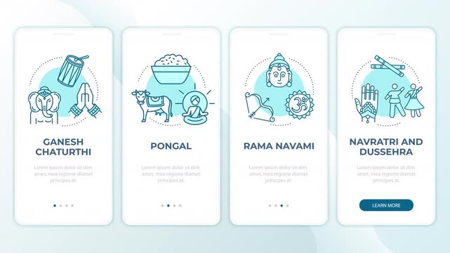 Mindful community events animated onboarding app screens. Indian festival and cultural celebration. Mobile UI layout animation with cyan line concept icons. Modern flat interface style motion graphics