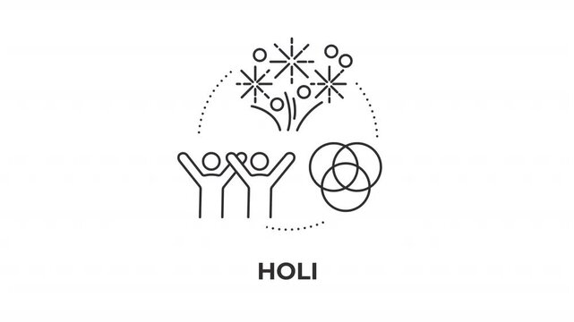 Holi line concept icon animation. Cultural festival celebration. Joyful community gathering. Traditional spring holiday. Animated outline round motion graphic. Minimal HD video with alpha channel