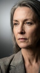 Naklejka premium Middle-aged woman with gray hair wearing neutral blazer, studio portrait with soft lighting against gray background for corporate or professional use.