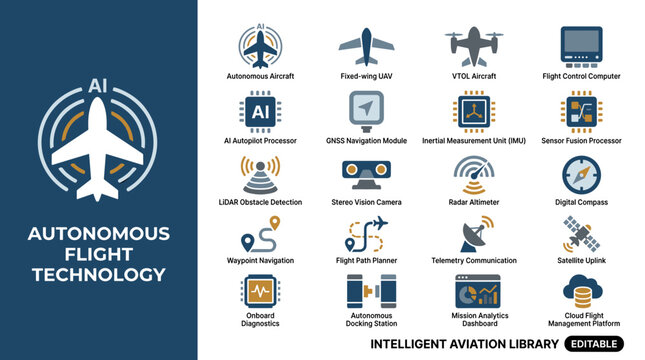 Autonomous flight technology and intelligent aviation icon set