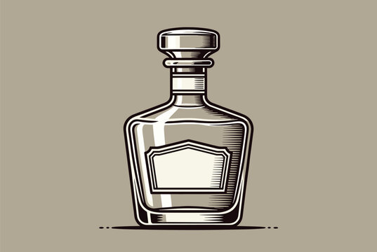 Detailed vintage engraving of a glass liquor decanter with a decorative stopper shows fine line work and shading on a neutral taupe background.