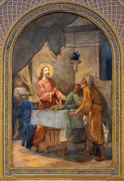 Monza - The fresco of Supper with the disciples of Emmaus Food in the church Chiesa di Santa Maria Maddalena by Luigi Morgari from end of 19. cent.