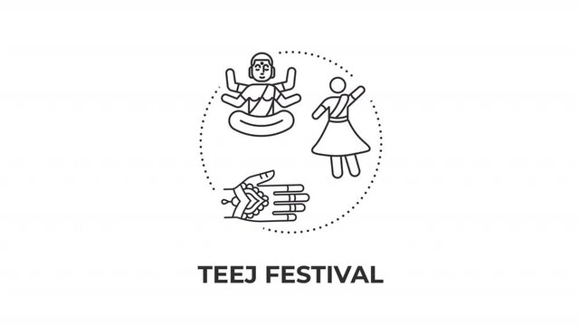 Teej festival line concept icon animation. Traditional cultural celebration. Authentic community festival energy. Animated outline round motion graphic. Minimal HD video with alpha channel