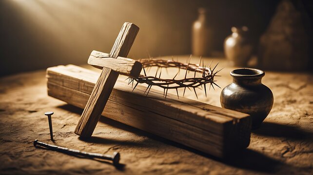 Christian faith concept with wooden cross crown of thorns holy bible and nails on rustic table