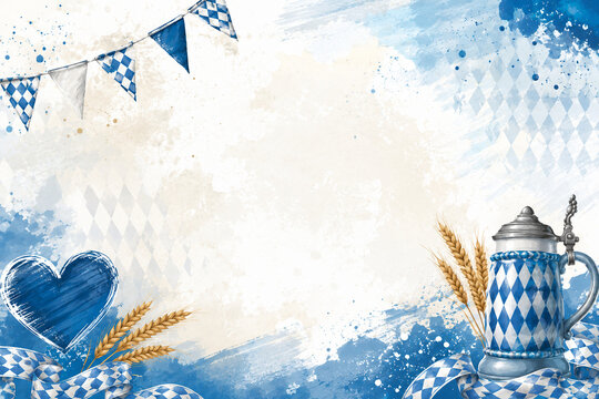 Blue and white Oktoberfest background with Bavarian pennant flags, beer stein, wheat, heart motif and soft copy space, perfect for festival posters, beer garden menus, party invitations and traditiona