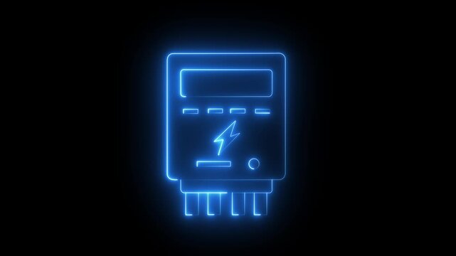 glowing neon electric meter icon isolated Modern electric meter design for digital interface. Energy consumption monitoring for electricity bill, smart home app, on black background.