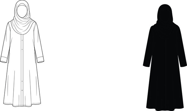 Traditional Muslim woman abaya and hijab clothing vector flat sketch illustration design set