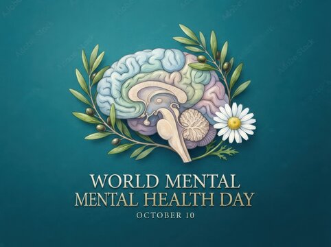 Anatomical human brain cross section with olive branches and daisy for mental health day psychology neurology