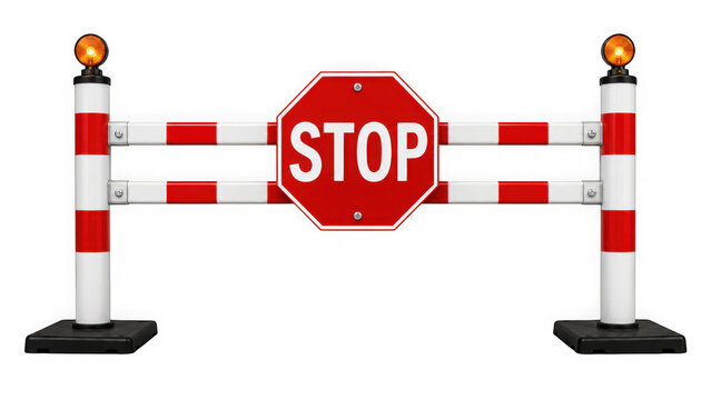 Road barrier with stop sign and warning lights isolated on transparent background