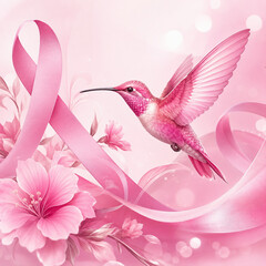 Fototapeta premium Pink breast cancer awareness illustration with satin ribbon, hummingbird, flowers and glowing soft background, symbolizing hope, resilience, support and care for women’s health campaigns and charity d