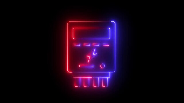 glowing neon electric meter icon isolated Modern electric meter design for digital interface. Energy consumption monitoring for electricity bill, smart home app, on black background.