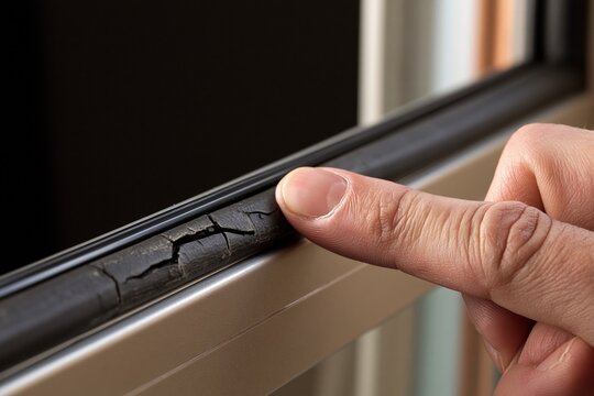 Close-up of a cracked and deteriorating rubber seal on a window frame, indicating a need for repair or replacement