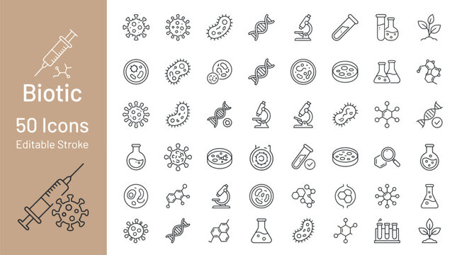Biotic Line Icons Set Featuring DNA, Cells, Viruses, Bacteria, Microscopes, Test Tubes, Petri Dishes, Laboratory Equipment, and Editable Stroke Design