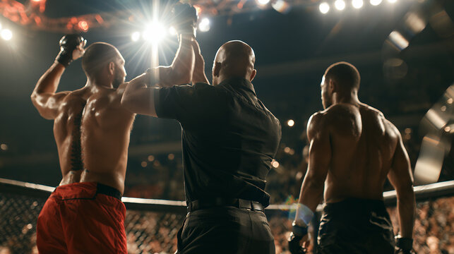 Referee raising victorious mixed martial arts fighter's hand after championship match