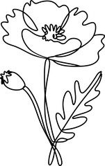 Naklejka premium Continuous single line drawing of a poppy flower with bud and green leaf