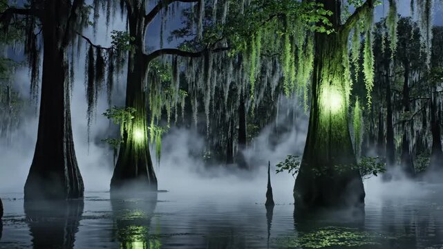 Spooky Halloween swamp background with glowing moss on cypress trees in a mysterious misty bayou night scene