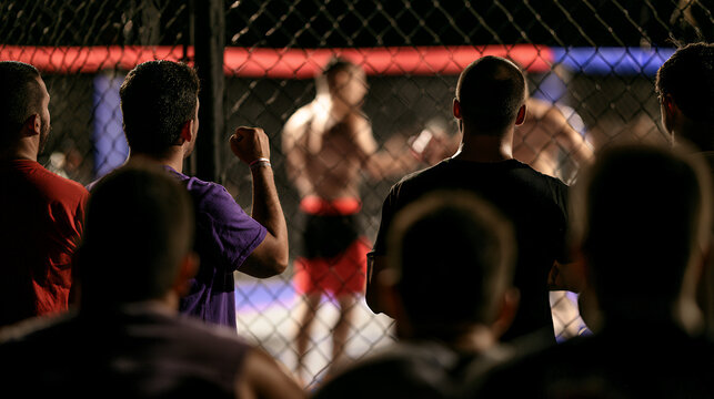 Spectators watching mixed martial arts fight inside cage arena